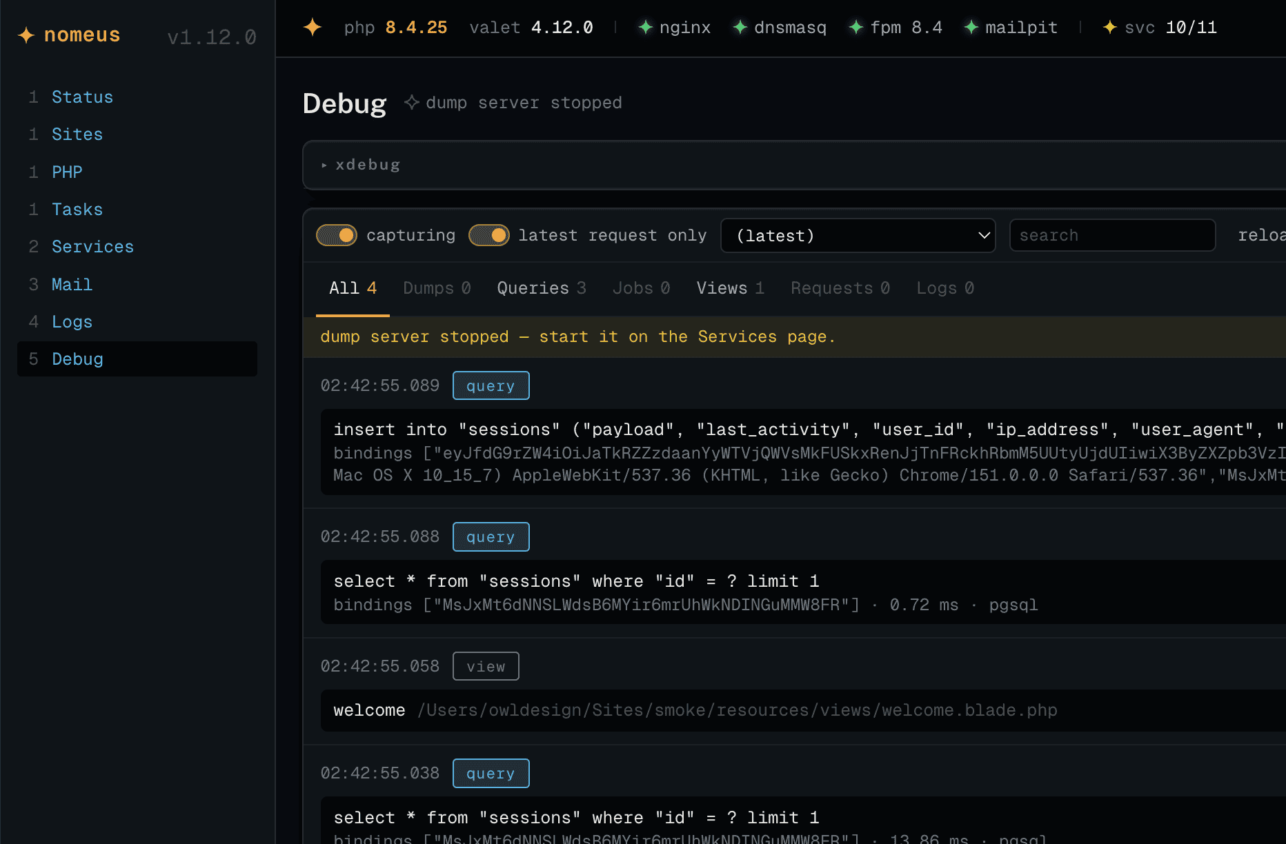 The Nomeus Debug page: a dump row open with its var-dumper output, the Queries tab showing a count of 3