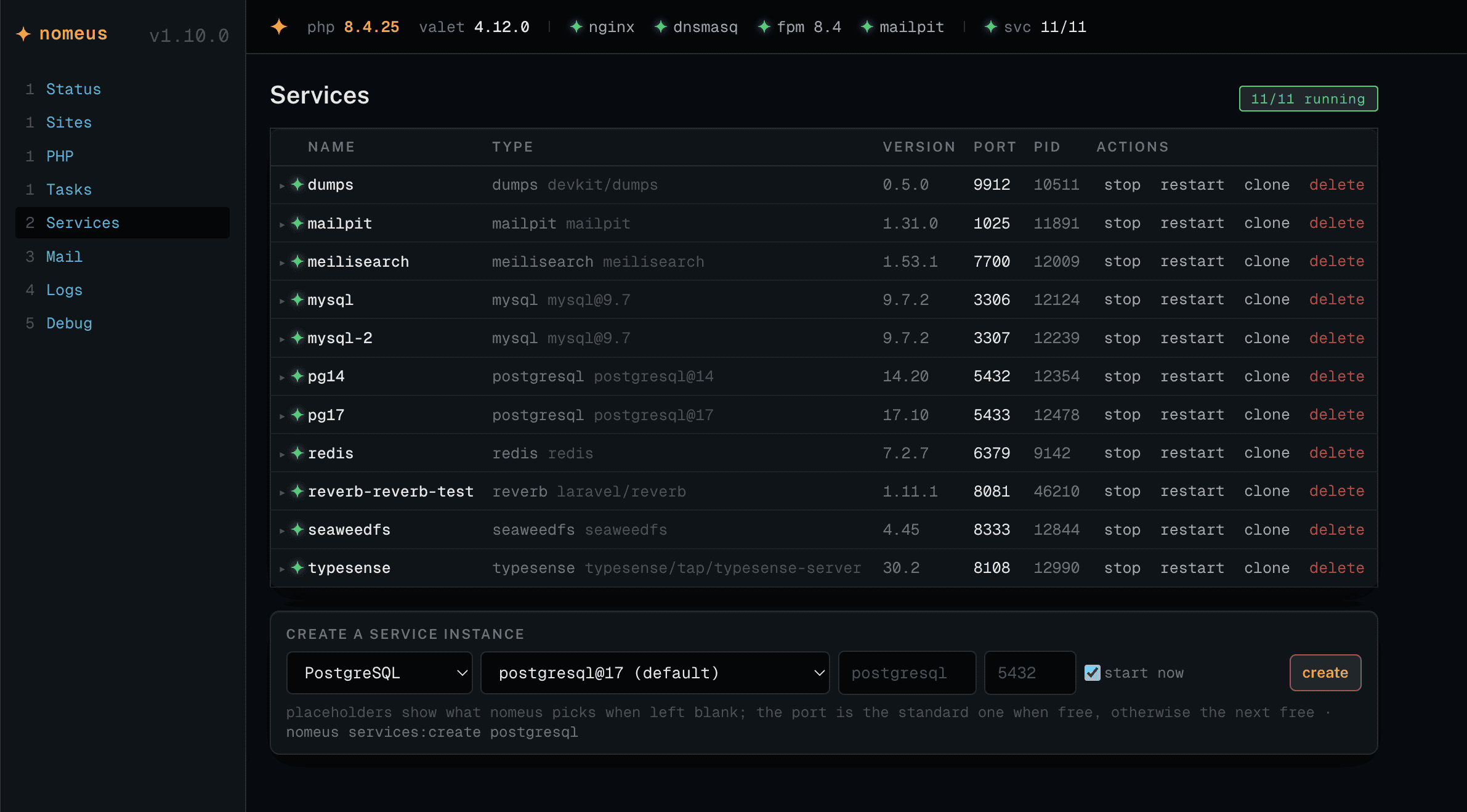 The Nomeus Services page: a table of running service instances with star-shaped status LEDs, one row expanded to its .env block and log tail